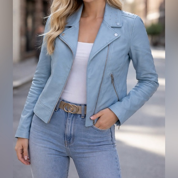 Michael Kors Jackets & Blazers - Michael Kors Light Blue Faux Leather Moto Jacket Zip Front Biker Style Size S